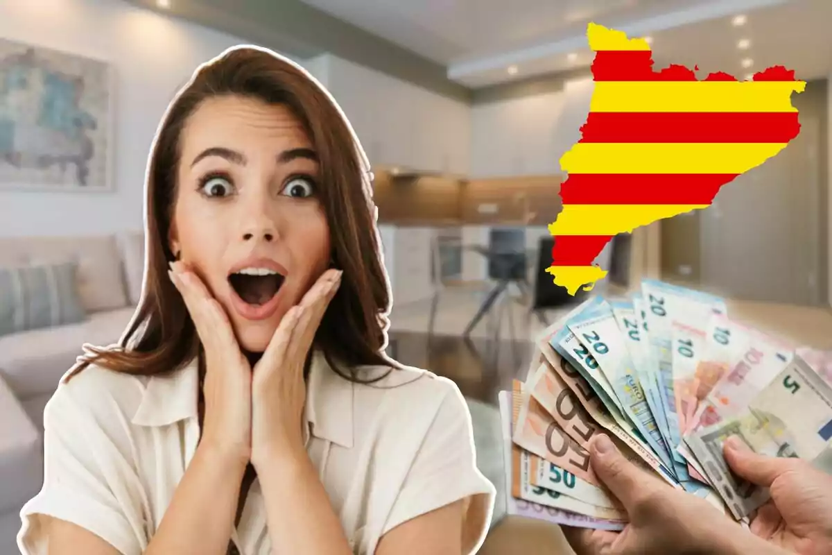 Dona sorpresa amb les mans al rostre, bitllets d'euro i mapa amb colors de la bandera catalana en un fons de sala moderna.