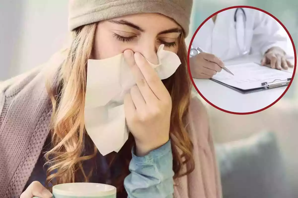 Una dona amb grip se sona el nas, i al cercle, un metge