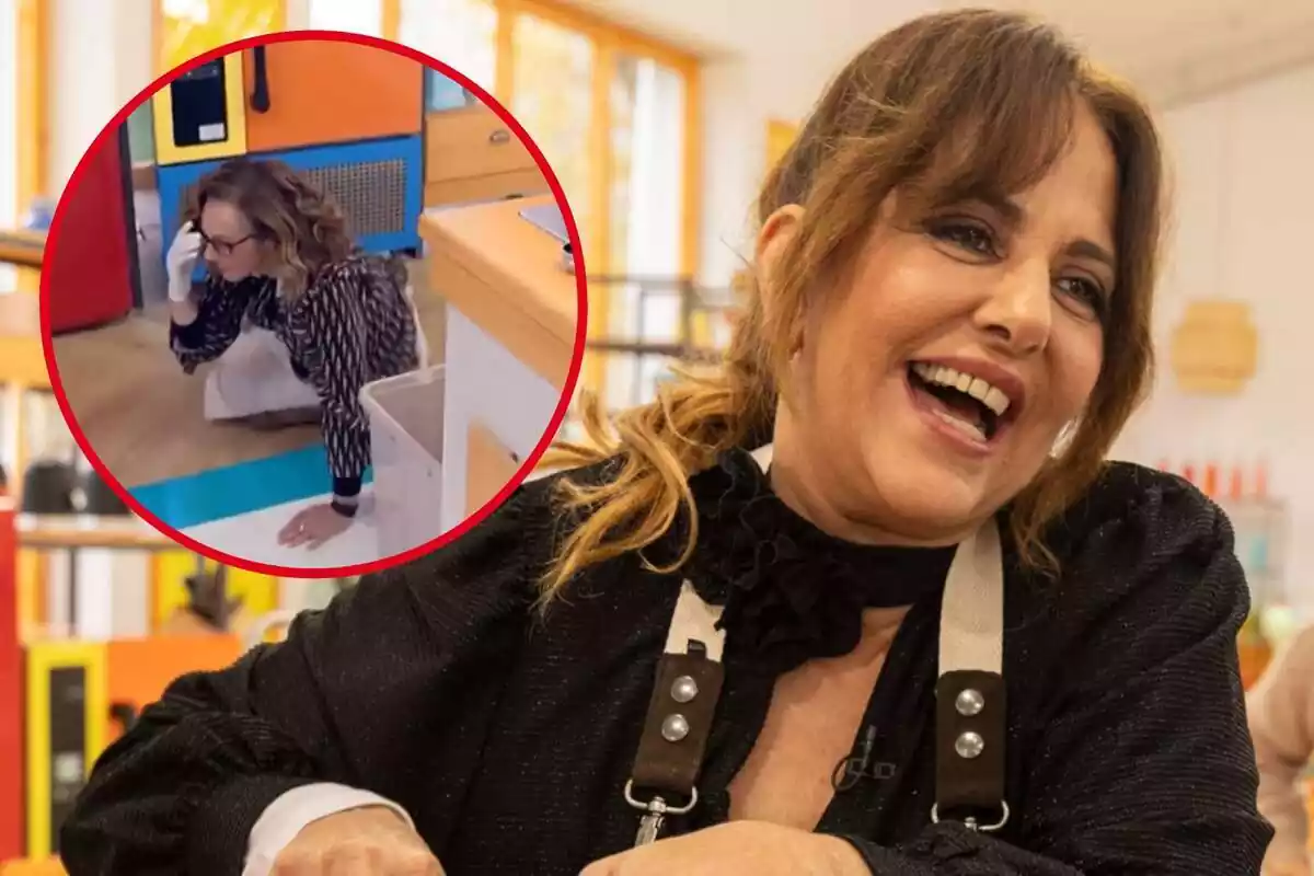 Muntatge amb captura de 'Bake Off: famosos al horno' amb Yolanda Ramos rient i Rocío Carrasco caiguda a terra amb un guant