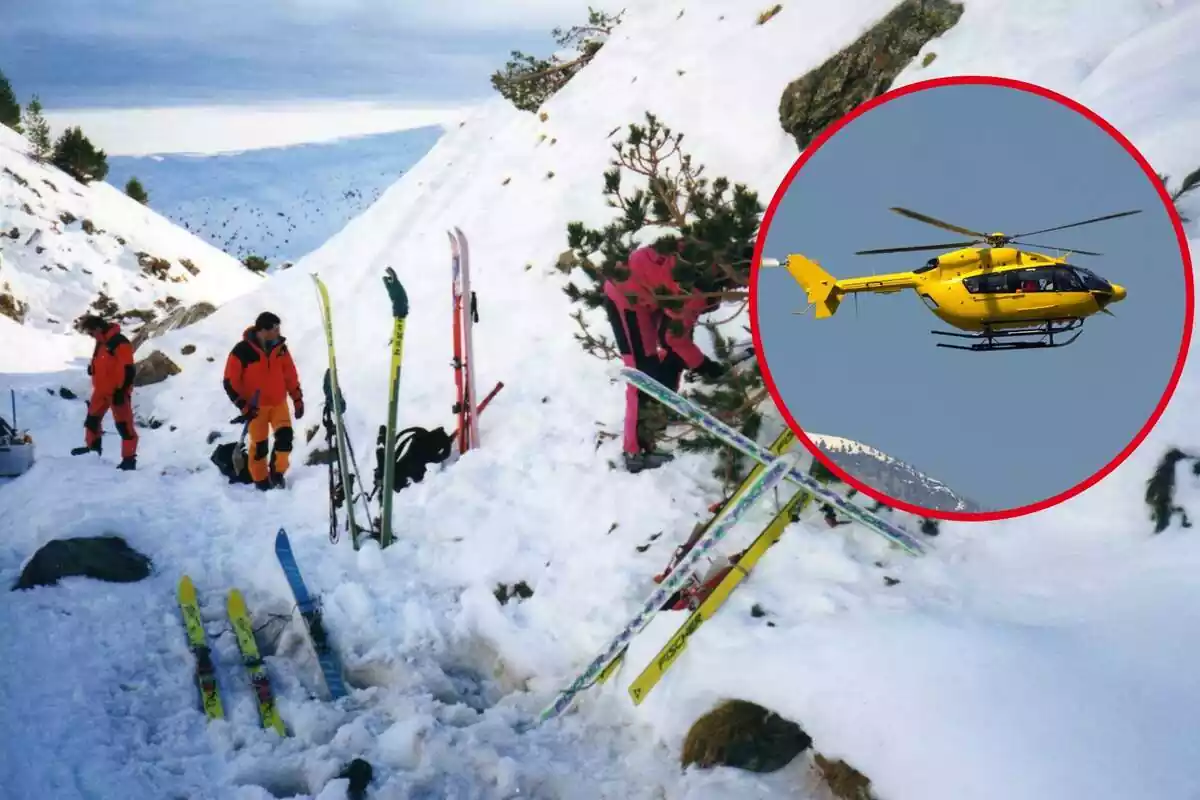 Muntatge d'equip de rescat amb esquís durant la tragèdia a la muntanya de Balandrau i cercle amb helicòpter de rescat.