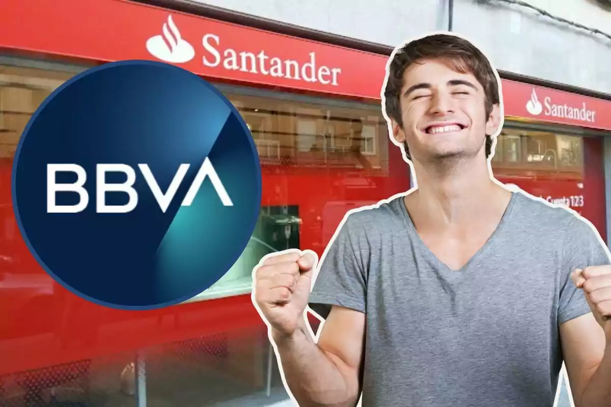 Home somrient amb fons de Banc Santander i logotip de BBVA. Home somrient amb fons de Banc Santander i logotip de BBVA.