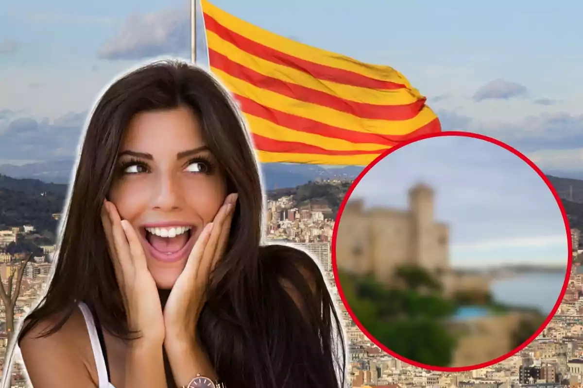 Dona somrient amb les mans a les galtes davant d'una bandera catalana onejant i una ciutat de fons amb un cercle vermell que conté una imatge borrosa d'un castell.