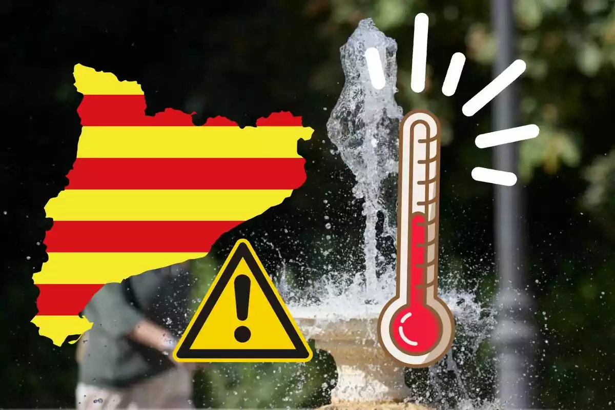 Mapa de Catalunya amb franges vermelles i grogues, un símbol d'advertència i un termòmetre indicant temperatures altes al costat d'una font d'aigua.