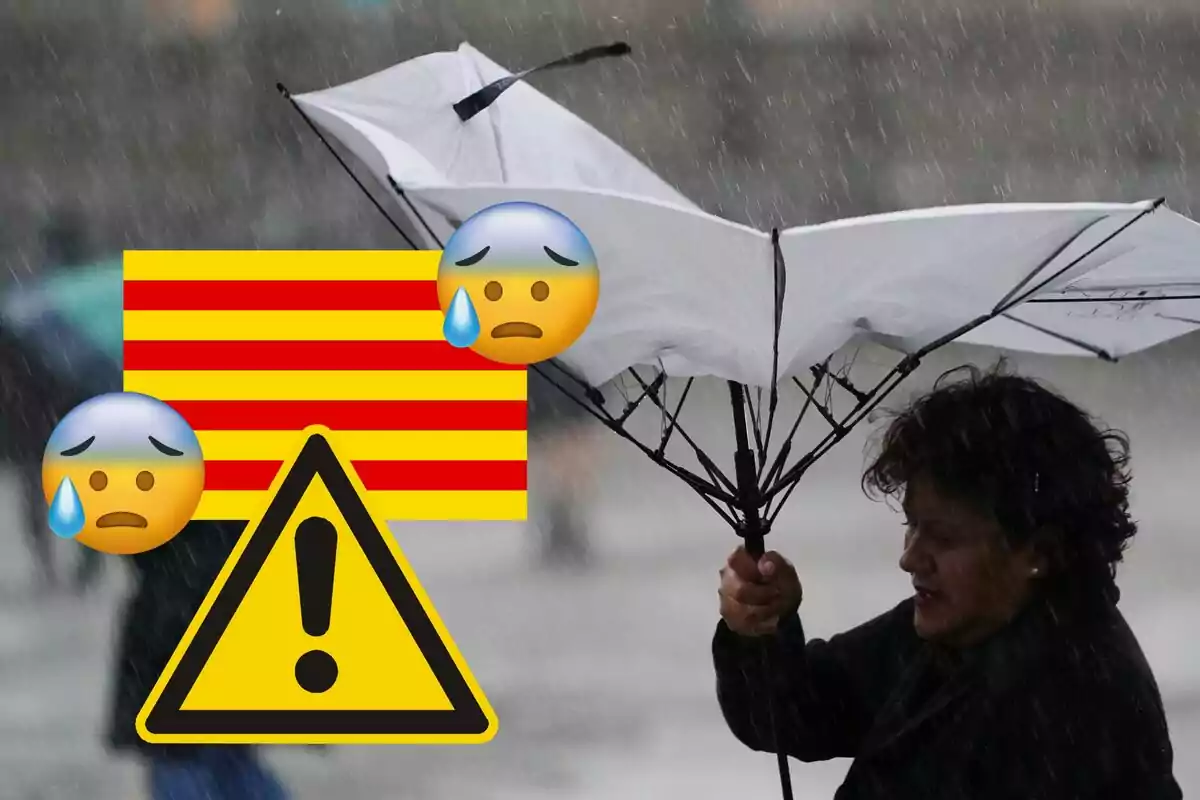 Una persona sosté un paraigua al revés sota la pluja intensa amb emojis de preocupació i un senyal d'advertiment superposats.