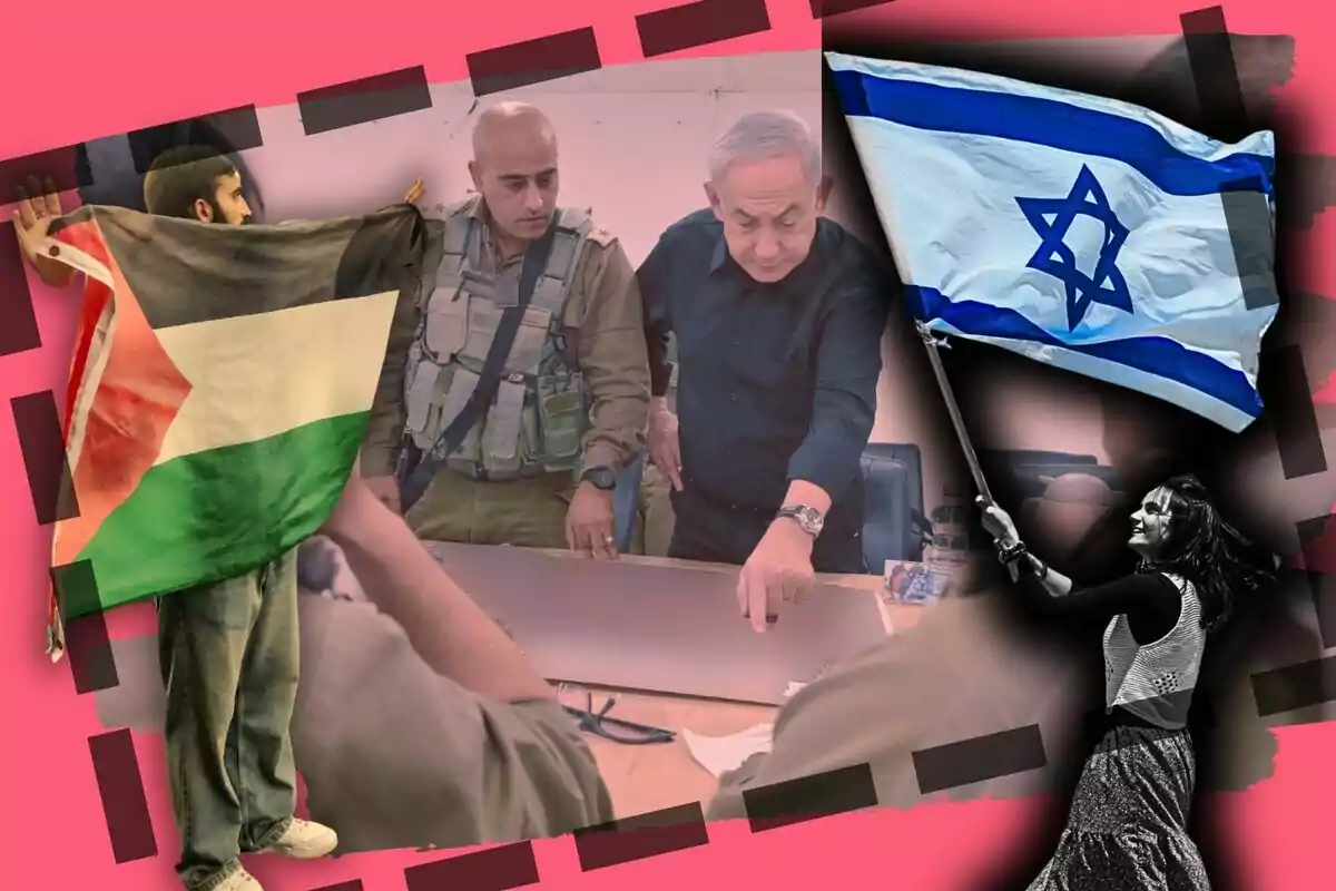 Un home sosté una bandera palestina mentre una dona oneja una bandera israeliana, al centre dues persones observen un mapa sobre una taula, tot sobre un fons rosa amb detalls en negre.