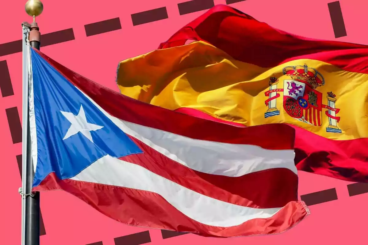 Banderas de Puerto Rico y España ondeando sobre un fondo rosa.