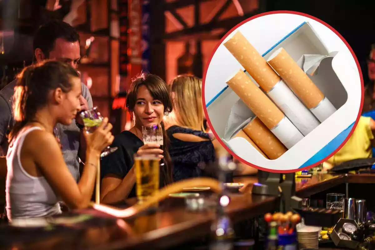 Un grup de persones Nadóen en un bar, i al cercle, una caixa de tabac