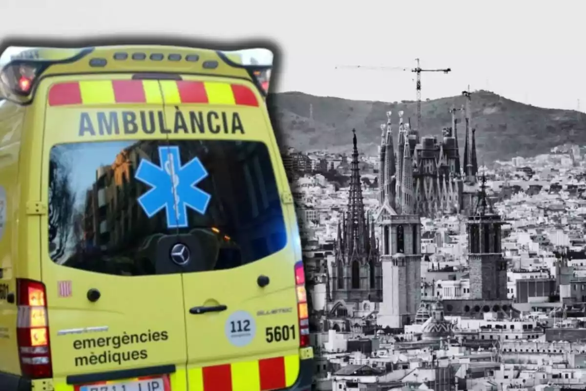 Una ambulància groga amb la paraula "AMBULÀNCIA" a la part del darrere està superposada sobre una imatge en blanc i negre d'una ciutat amb una catedral al fons.