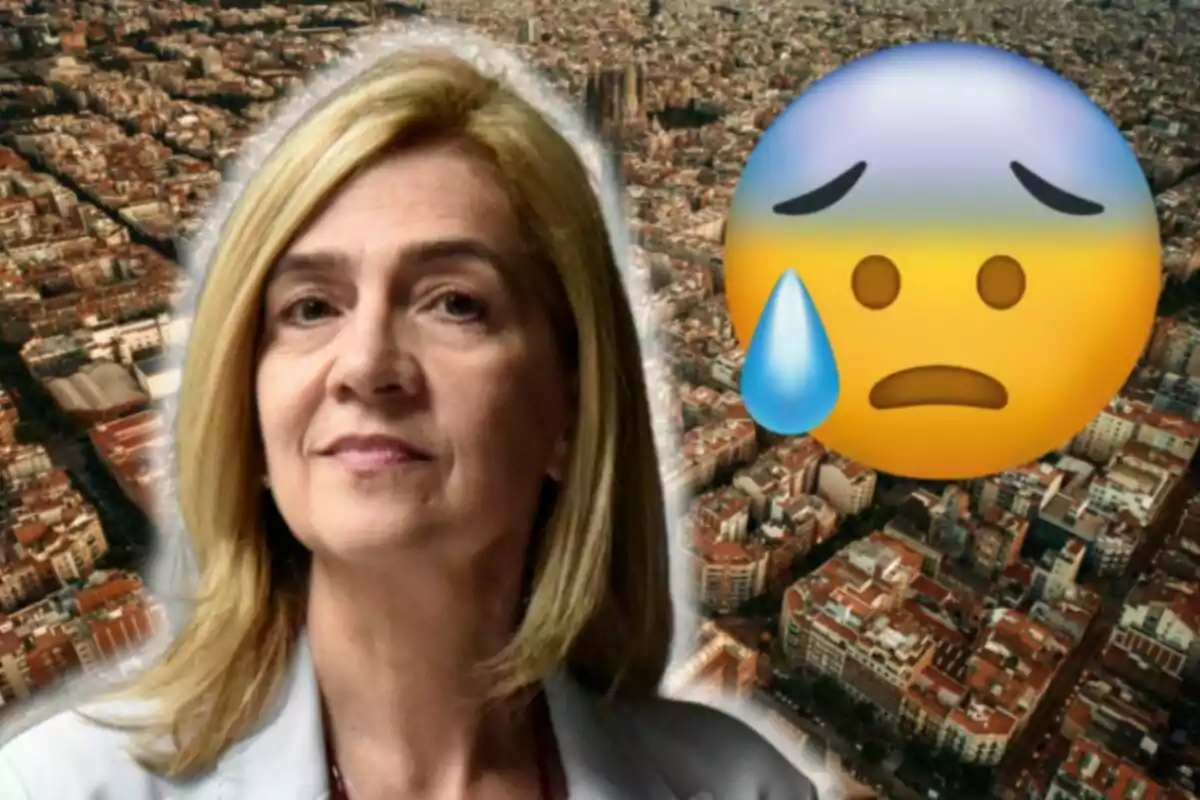 La infanta Cristina rubia aparece en primer plano con un fondo de una ciudad y un emoji de cara preocupada con una gota de sudor.