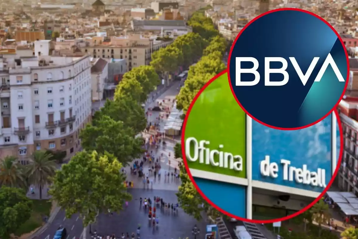 Imatge d'una ciutat amb un logotip de BBVA i un senyal d'“Oficina de Treball” superposats.