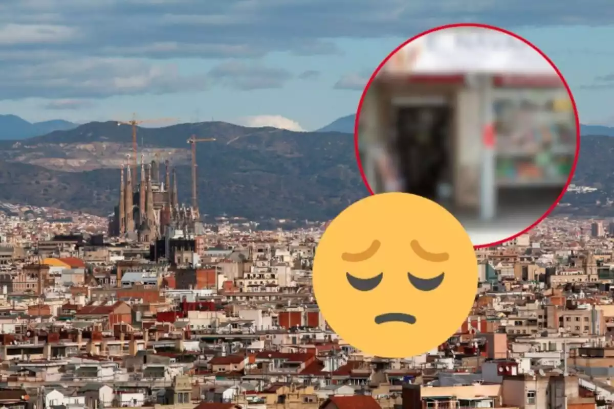 Muntatge d'un plànol general de la ciutat de Barcelona, la Papereria Navarro desenfocada i un trist emoji