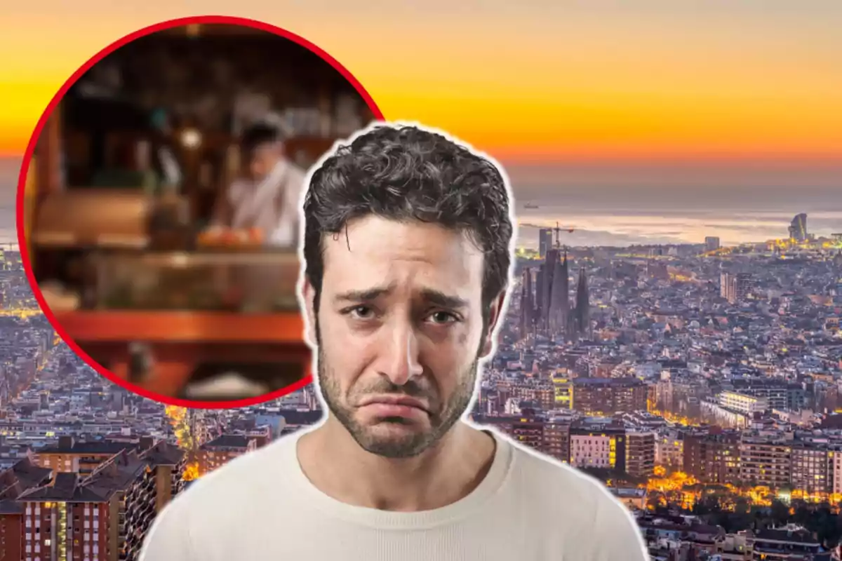 Muntatge amb la ciutat de Barcelona de fons, un cercle amb una imatge borrosa del restaurant japonès Tokyo Sushi i un home amb cara trista