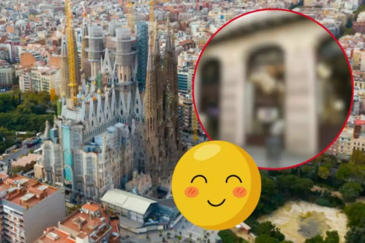 Vista aèria de la Sagrada Família a Barcelona amb una emoji somrient i un cercle borros al primer pla.