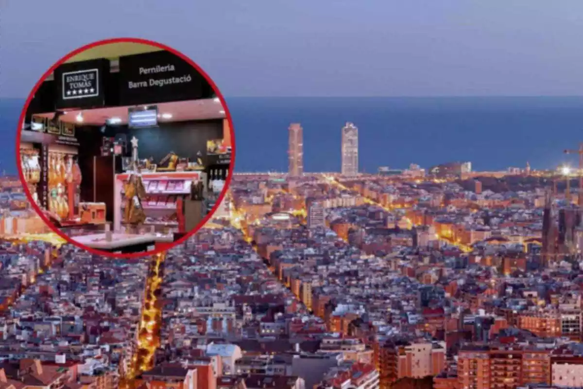 Muntatge amb la ciutat de Barcelona amb els llums encesos i una botiga d'Enrique Tomás