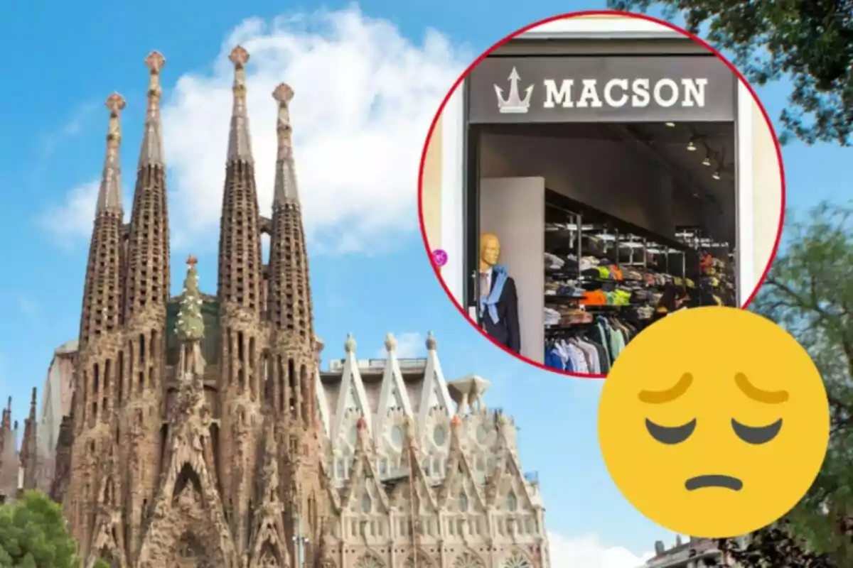 La imatge mostra la Sagrada Família a Barcelona amb un requadre que destaca una botiga de roba anomenada Macson i un emoji de cara trista.