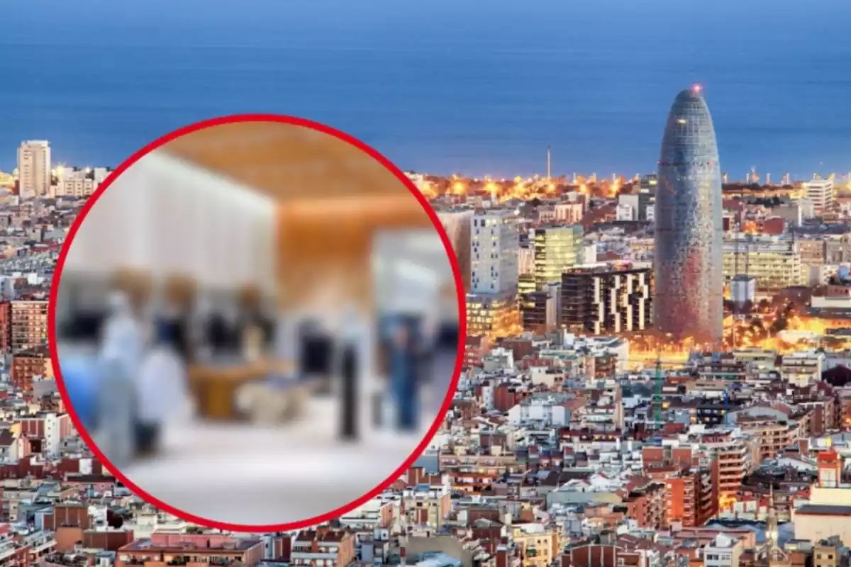 Muntatge de Barcelona i una botiga de Mango desenfocada