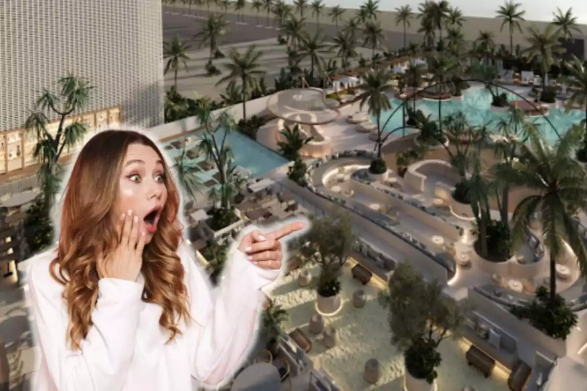 Muntatge d´una simulació del Bastian Beach de Barcelona i una noia sorpresa assenyalant amb un jersei blanc