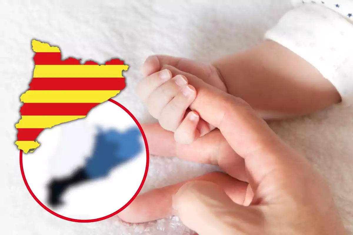 Muntatge de la mà d'un bebè agafant un dit d'un adult amb el mapa de Catalunya