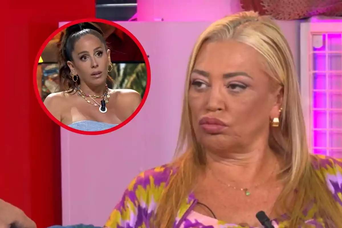 Montage with Belén Esteban, with a serious expression on a television set, and Anabel Pantoja, also serious, inside a red circle.