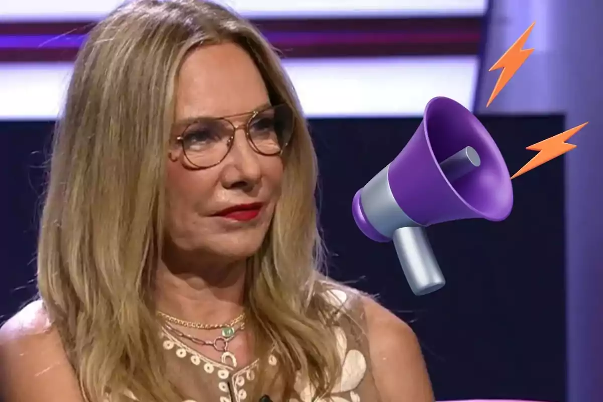 Montaje de Belén Rodríguez, con gafas y cabello rubio en un programa de televisión, y un megáfono morado y rayos naranjas superpuestos.