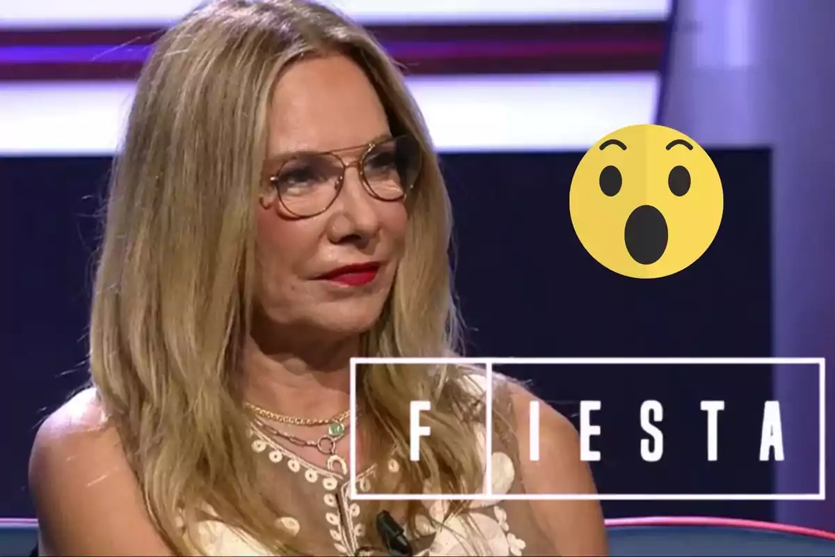 Montaje de Belén Rodríguez, con gafas y cabello rubio en un programa de televisión, junto a la palabra "FIESTA" y un emoji sorprendido.