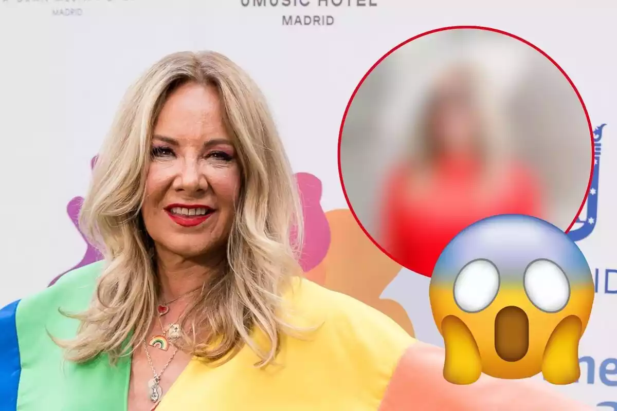 Muntatge de Belén Rodríguez somrient amb els llavis vermells, ella amb un vestit vermell desenfocat i un emoji de sorpresa