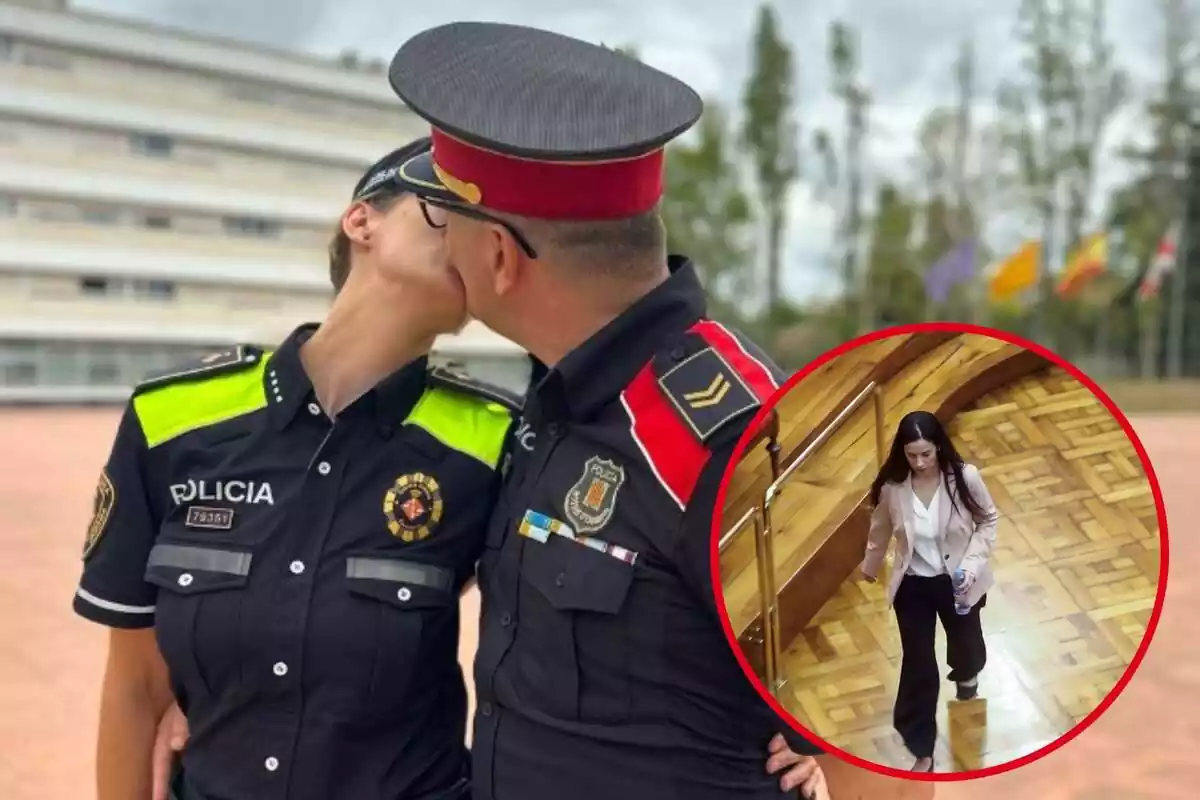 Muntatge d'una foto d'un mosso d'Esquadra i una Policia fent un petó, al costat de Rosa Peral