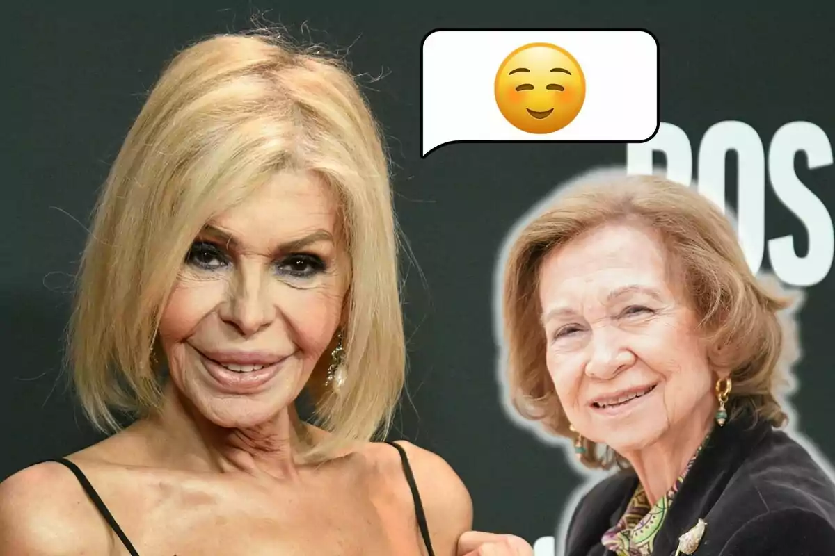 Bibiana Fernández i la reina Sofia somrients amb un emoji de cara somrient en un entrepà de diàleg.