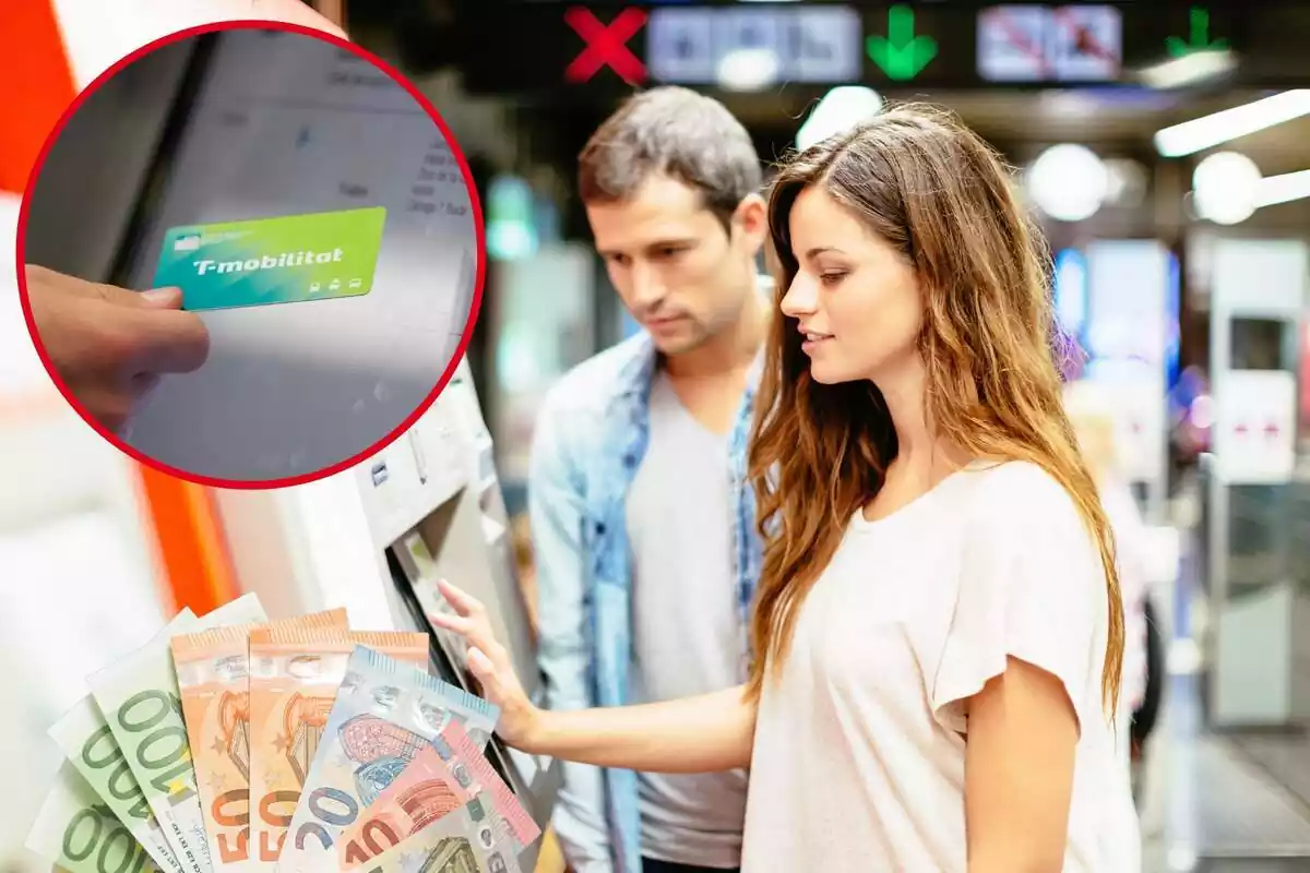 Muntatge de joves comprant bitllet de metro a màquina expenedora de Barcelona, bitllets d'euro i cercle amb targeta T-mobilitat