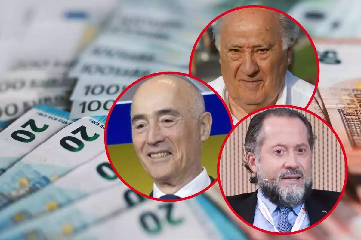 Muntatge amb diversos bitllets d'euro i tres cercles amb les cares d'Amancio Ortega, Rafael del Pino i Juan Carlos Escotet