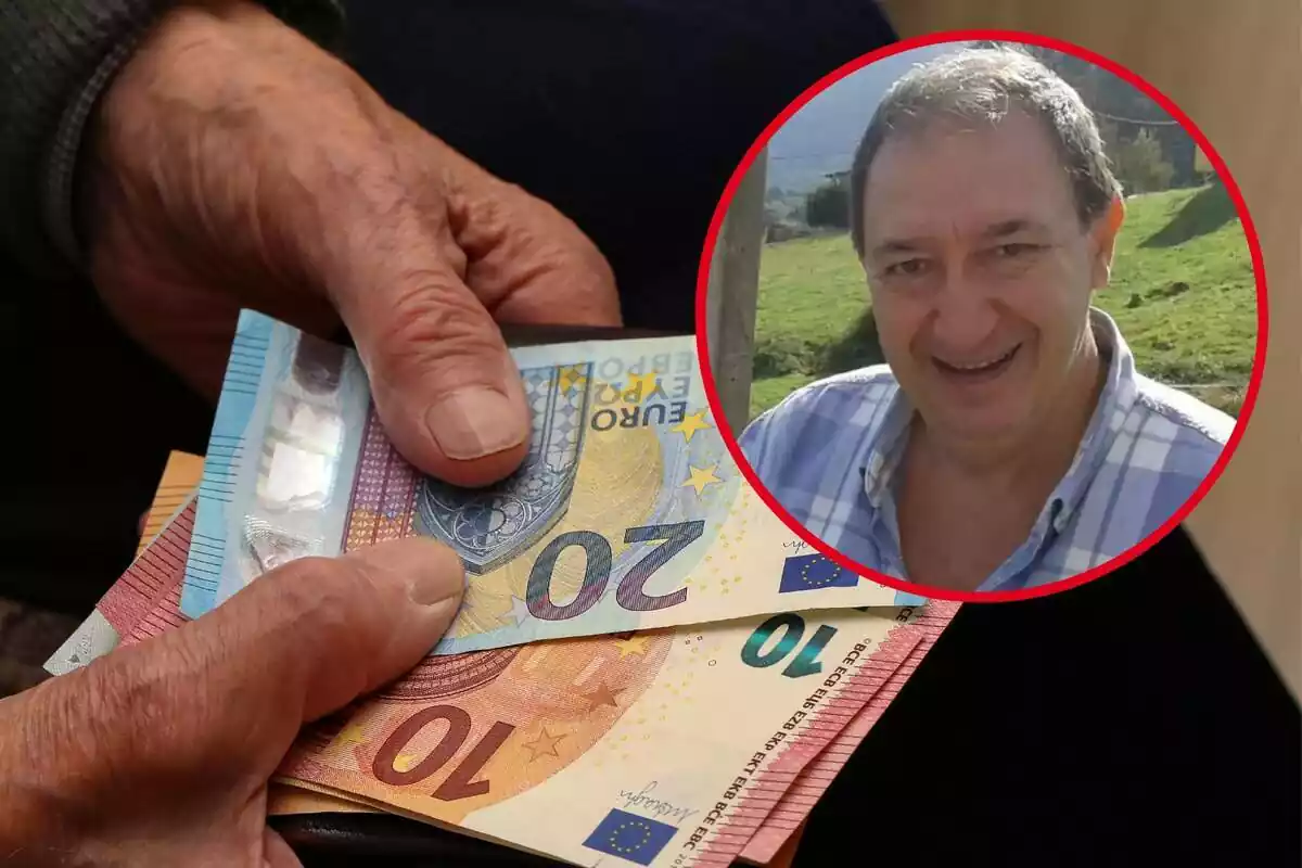 Muntatge amb dues mans d'una persona gran subjectant diversos bitllets d'euro i un cercle amb la cara del pensionista Amadeo Escolán