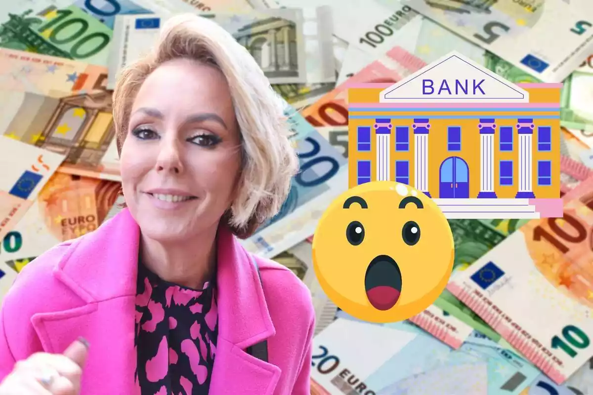 Muntatge amb bitllets d'euro al fons, Rocío Carrasco somrient amb una jaqueta rosa, un edifici d'un banc i un emoji de sorpresa