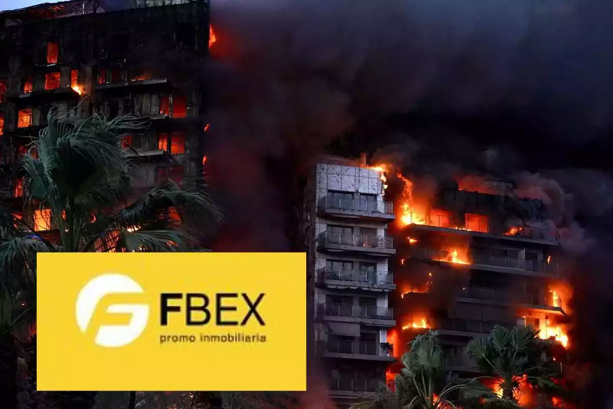 Muntatge dels blocs de pisos incendiats a València i el logotip de FBEX
