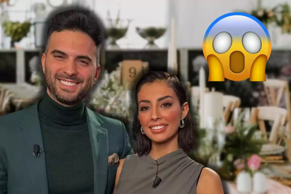 Suso Álvarez and Marieta smiling pose in front of a table decorated with flowers and candles, joined by a surprised emoji.