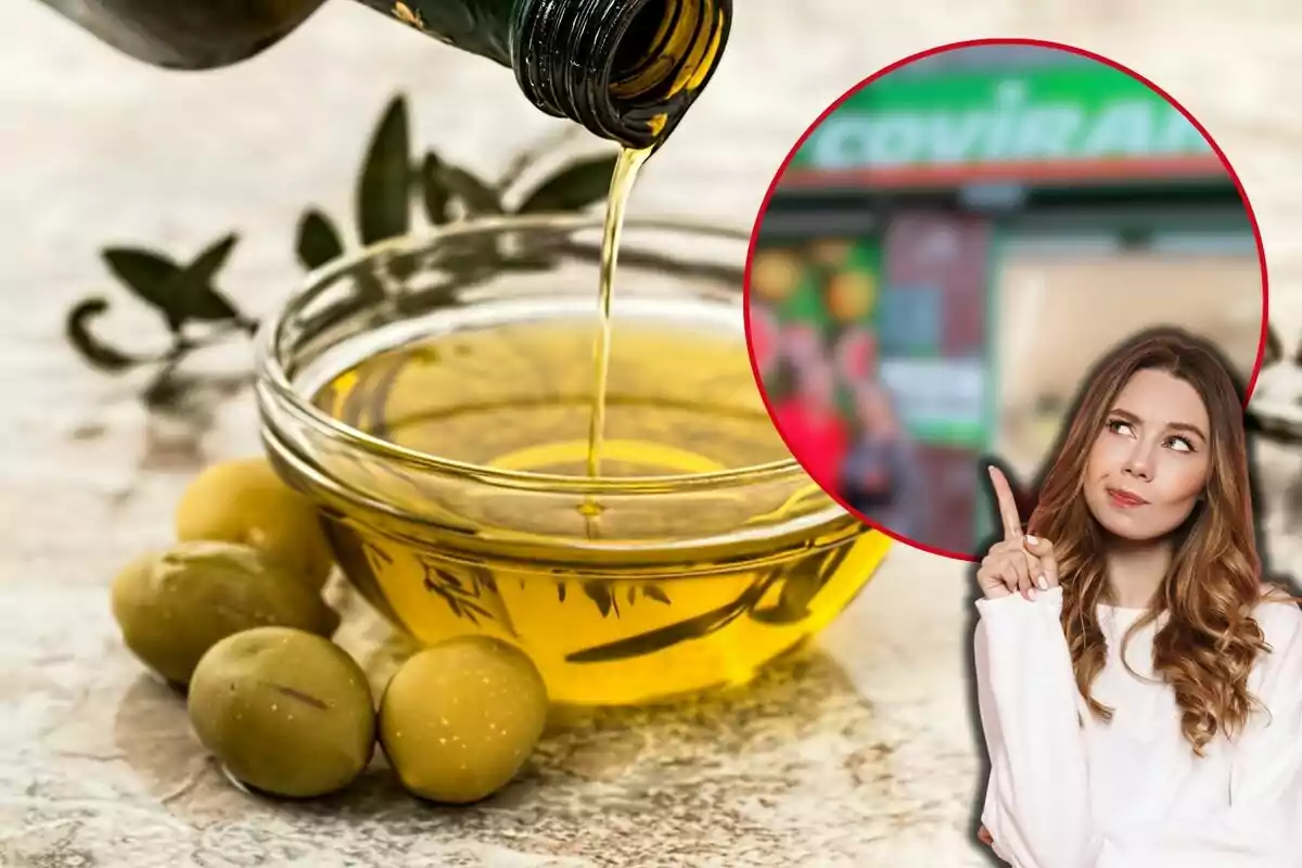 Un cuenco de aceite de oliva con aceitunas al lado y una mujer pensativa señalando hacia arriba en un círculo superpuesto.