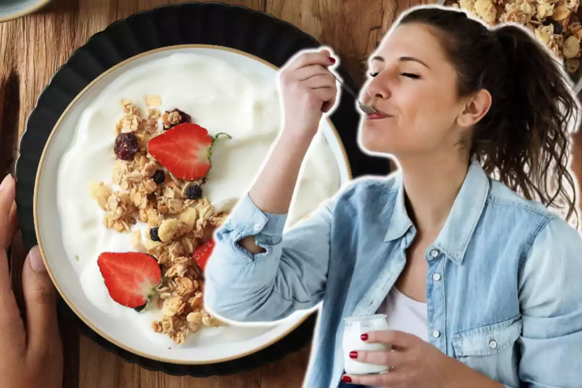 Muntatge amb un bol de iogurt amb fruits secs i maduixes en una taula i una dona menjant un iogurt amb una cullera