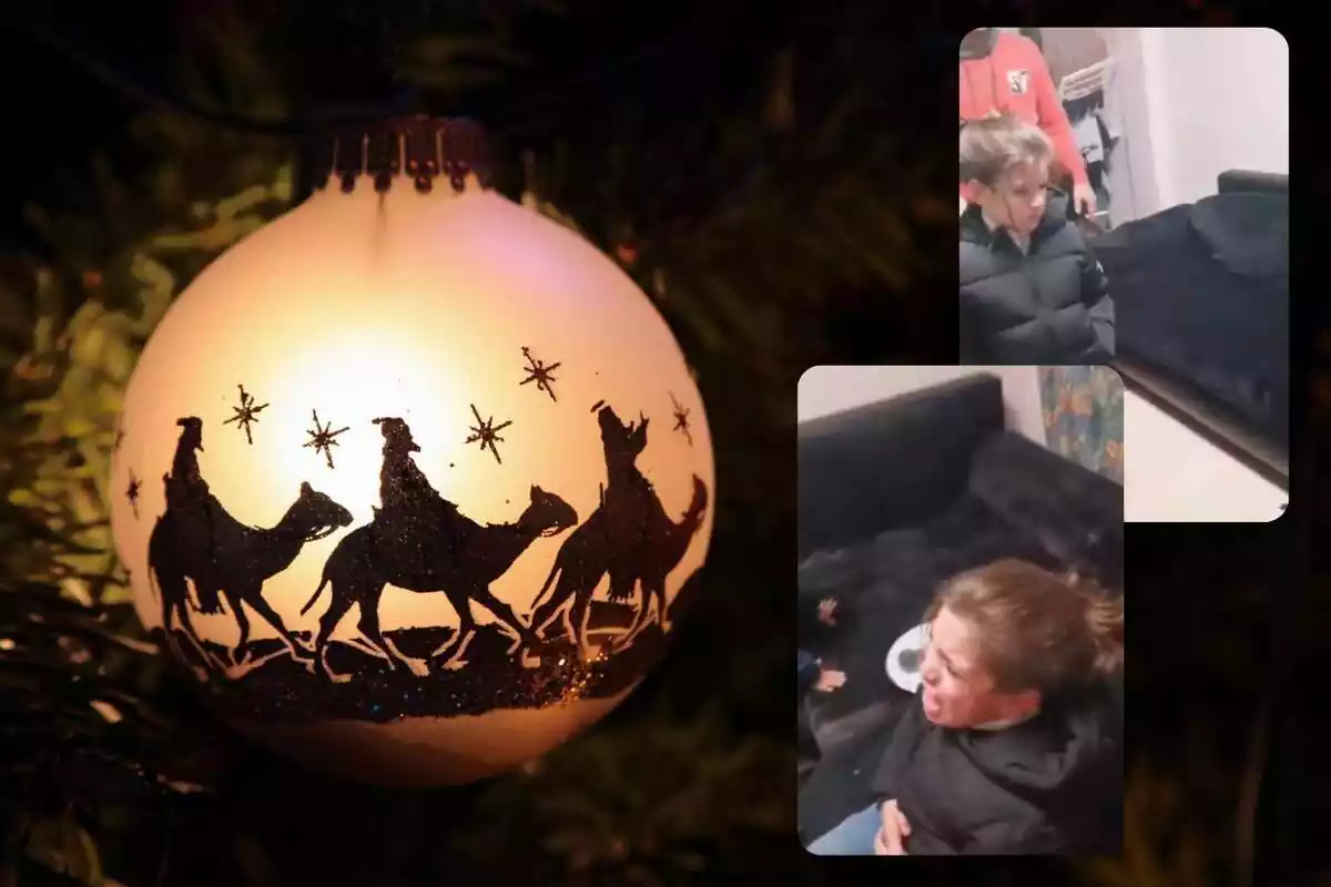 Muntatge amb una bola de Nadal amb les ombres dels Reis Mags i captures d'un vídeo d'uns nens plorant