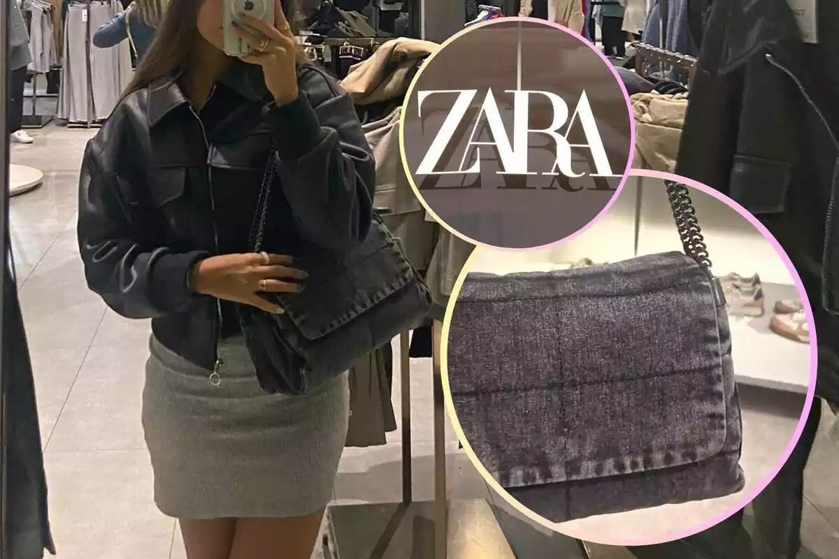 Muntatge amb una foto al mirall d'una botiga de Zara amb la bossa amb solapa rock denim, un cercle amb el mateix article de prop i un altre cercle amb el logotip de la marca Zara