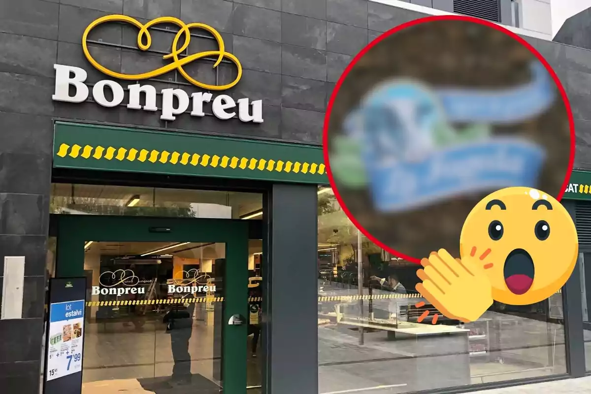 Façana d'una botiga Bonpreu amb un cartell borrós en un cercle vermell i un emoji sorprès a la cantonada inferior dreta.