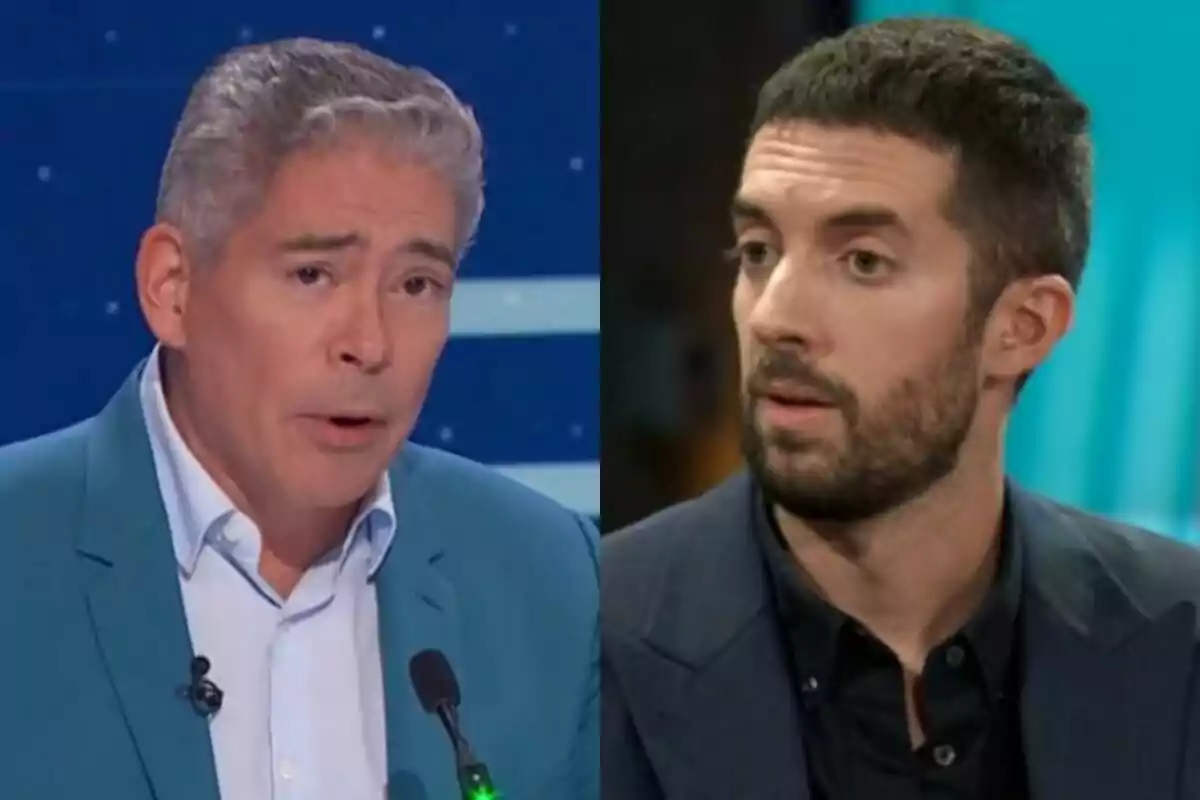 Boris Izaguirre parlant en 59 segons a l'esquerra amb David Broncano amb expressió seriosa a La Revuelta a la dreta.