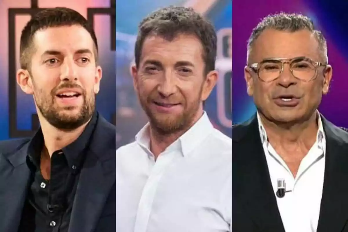 Muntatge de David Broncano a La Revuelta a l'esquerra, Pablo Motos a El Hormiguero al centre i Jorge Javier Vázquez a Gran Hermano a la dreta