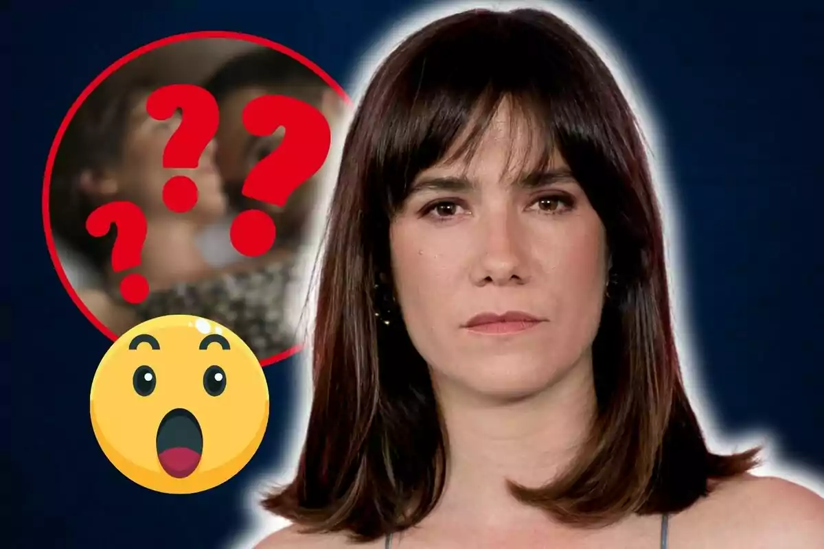 Una dona amb expressió seriosa apareix en primer pla, mentre que al fons hi ha un cercle vermell amb signes d'interrogació i un emoji sorprès.