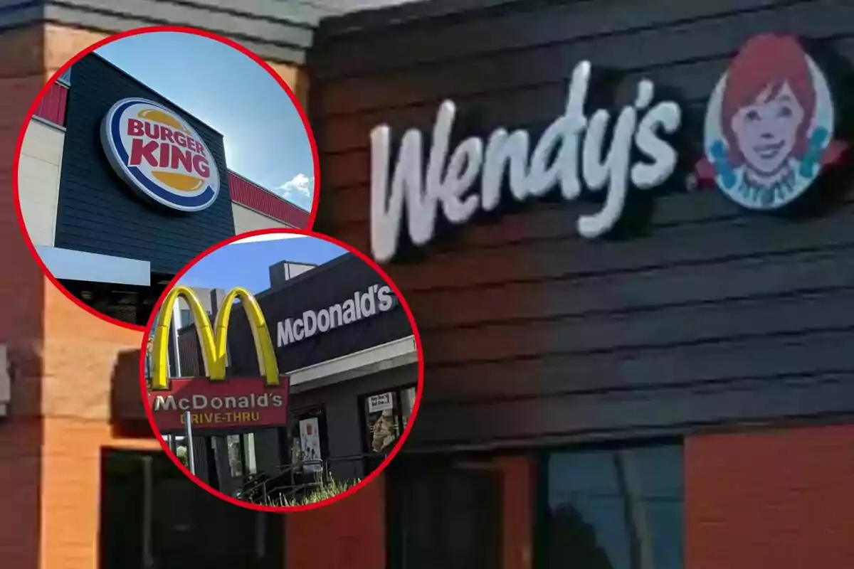 Logotipos de tres cadenas de comida rápida: Wendy's, Burger King y McDonald's.