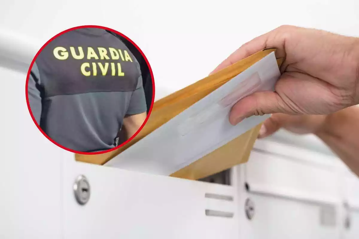 Muntatge d'unes cartes entrant a una bústia i rodona amb l'esquena d'un Guàrdia Civil uniformat