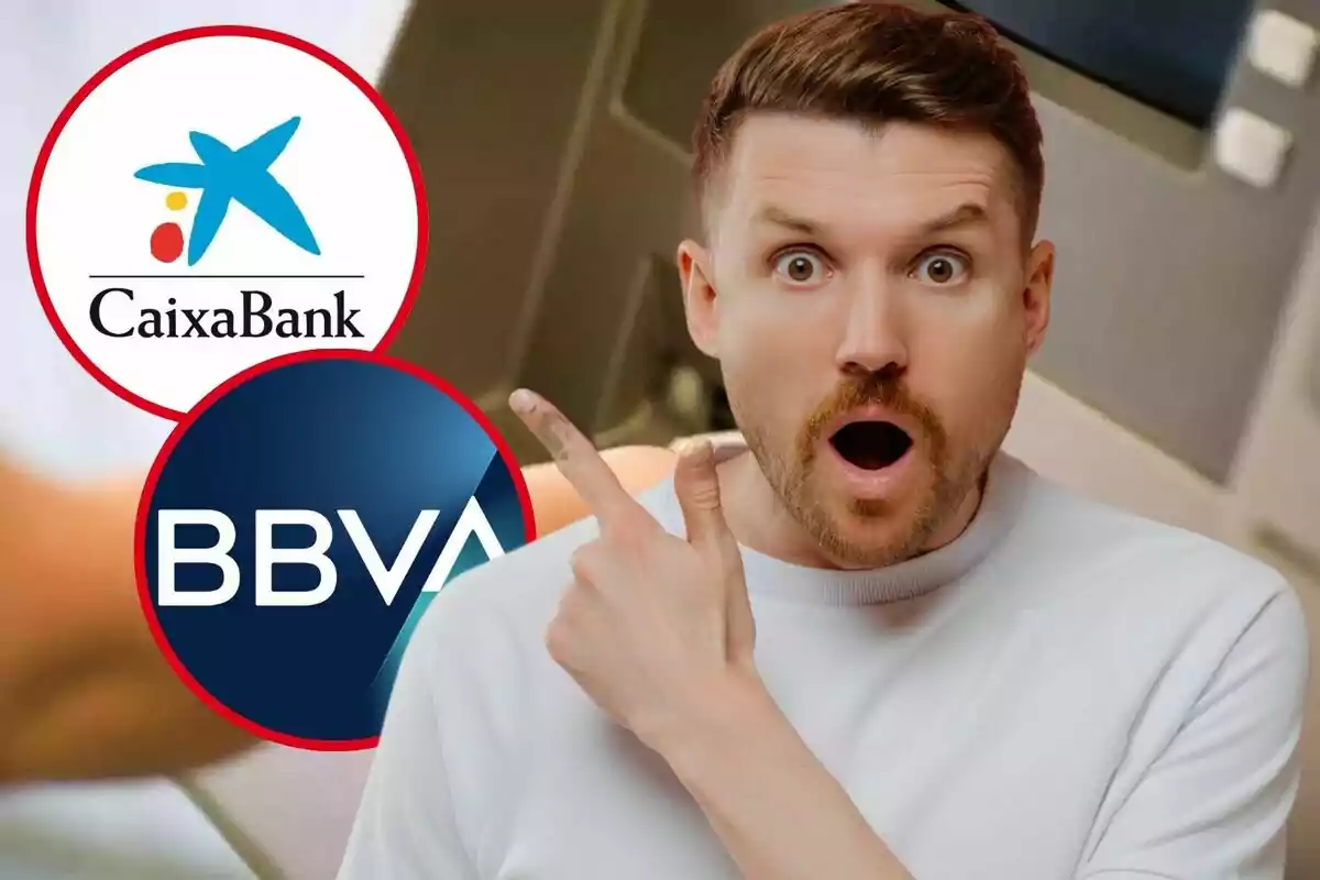 Home sorprès assenyalant els logotips de CaixaBank i BBVA.