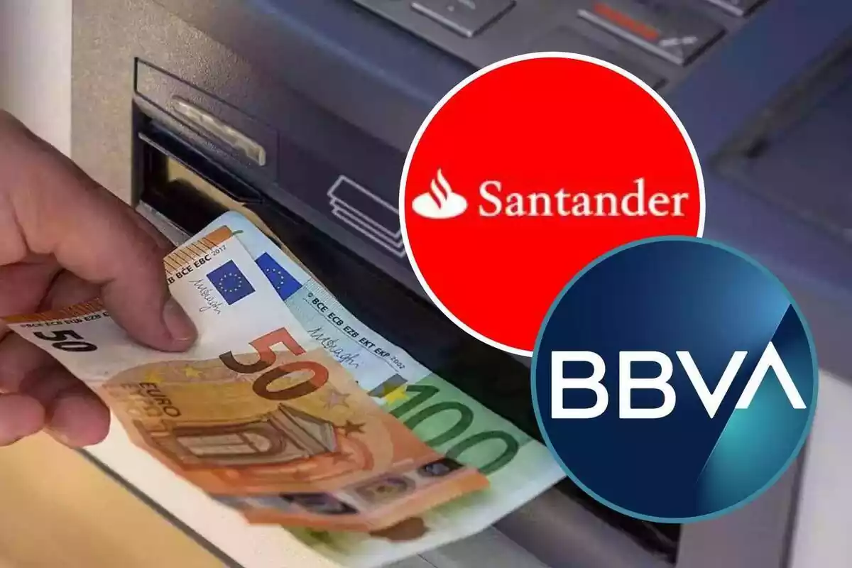 Muntatge amb imatge d'un caixer automàtic i bitllets i dos cercles amb els logos de Banco Santander i BBVA