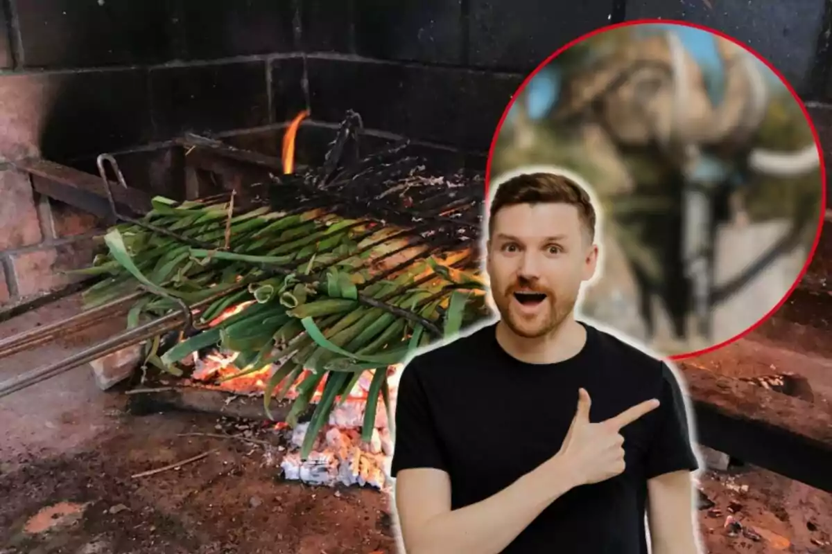 Un hombre sorprendido señala una parrilla con calçots asándose sobre el fuego.