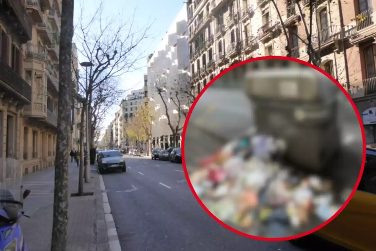 Muntatge d'un carrer de Barcelona i un contenidor amb escombraries a terra