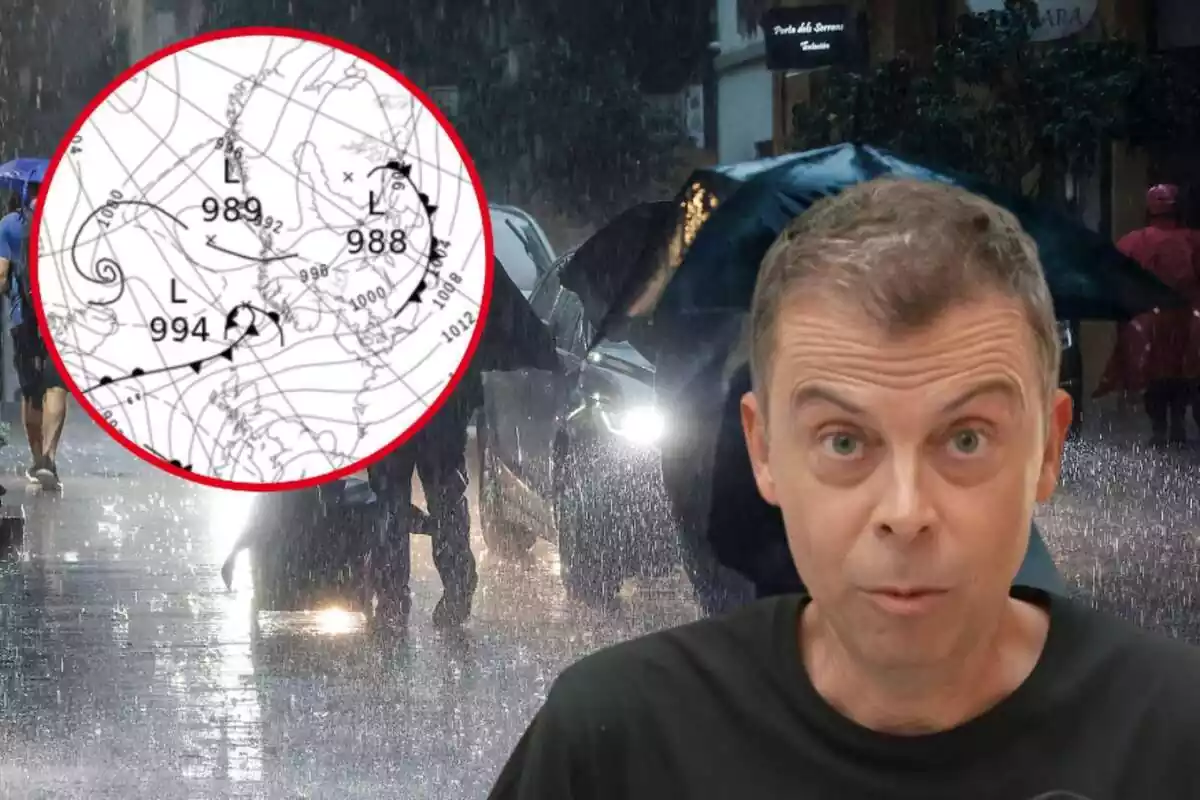 Muntatge amb gent en un carrer amb paraigua perquè plou, Francesc Mauri parlant i un mapa