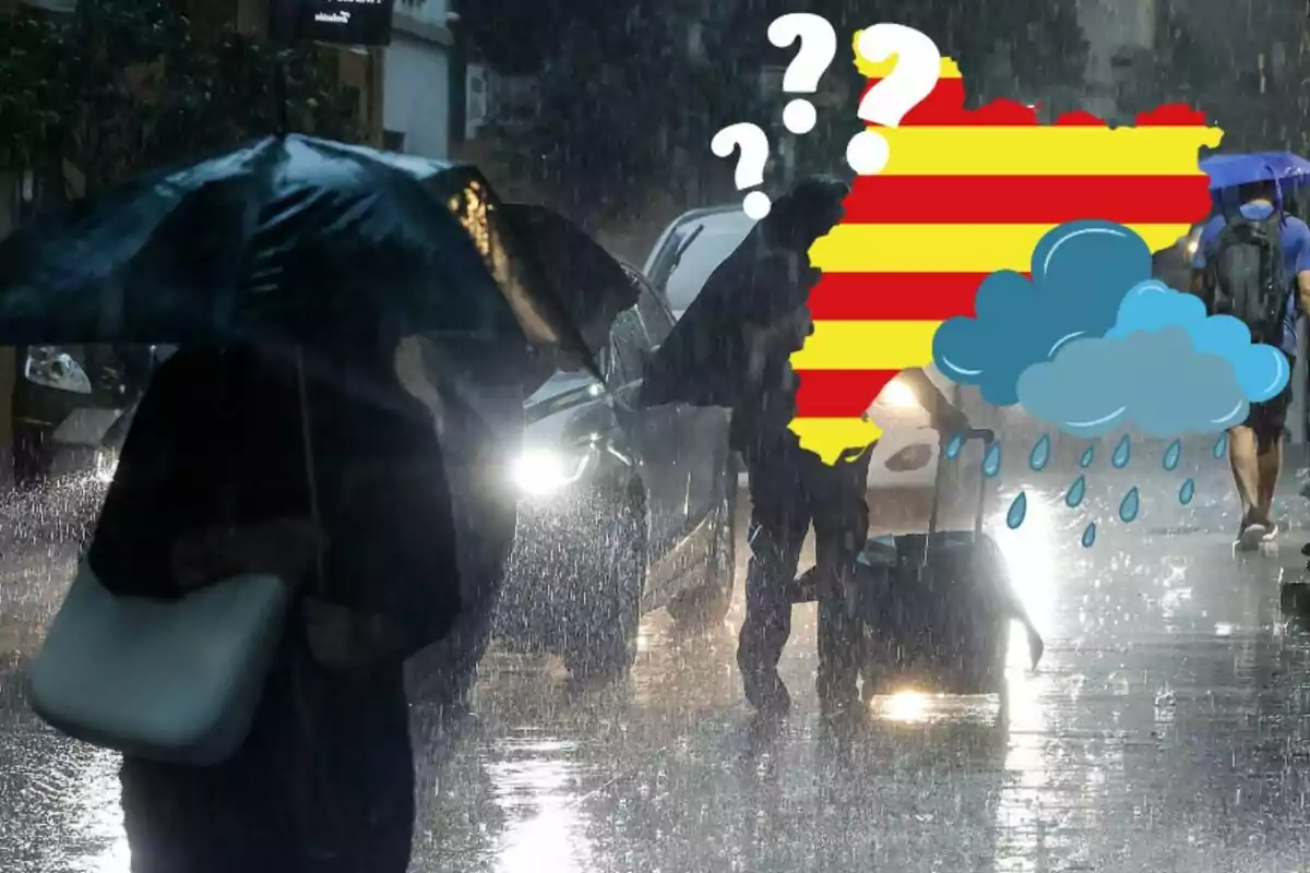 Persones caminant sota la pluja amb paraigües i una il·lustració d´un mapa amb signes d´interrogació i núvols de pluja.